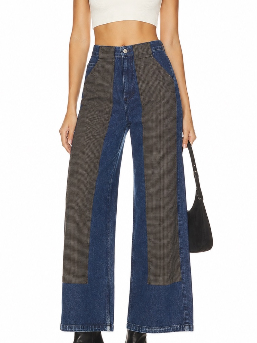 KOTN Patchwork Denim Wide Leg Pants Size 30 Blue Check Contrast Jeans